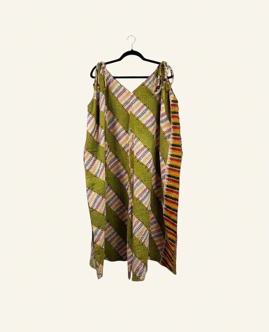 She Lives Beauty Sacred Journey Kantha Jumpsuit in olive green vintage cotton with colorful striped pattern