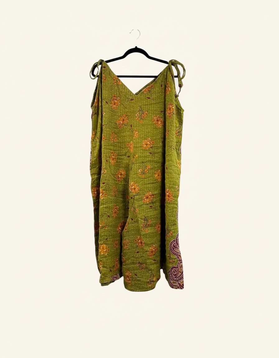 She Lives Beauty Sacred Journey Kantha jumpsuit in olive green vintage cotton with floral patterns and tie straps