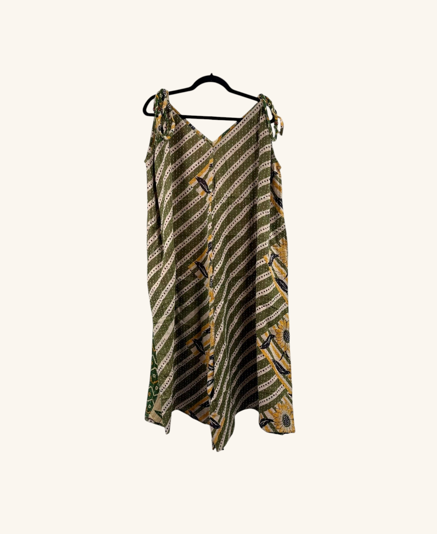 She Lives Beauty Sacred Journey Kantha Jumpsuit in olive green and yellow vintage cotton with floral patterns.