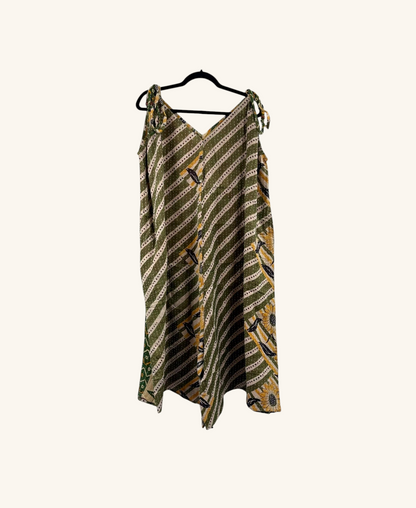 She Lives Beauty Sacred Journey Kantha Jumpsuit in olive green and yellow vintage cotton with floral patterns.