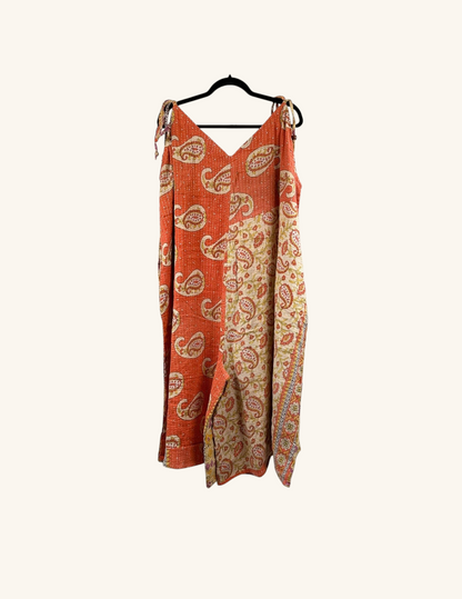 She Lives Beauty Sacred Journey Kantha jumpsuit in orange vintage cotton with paisley print and adjustable straps