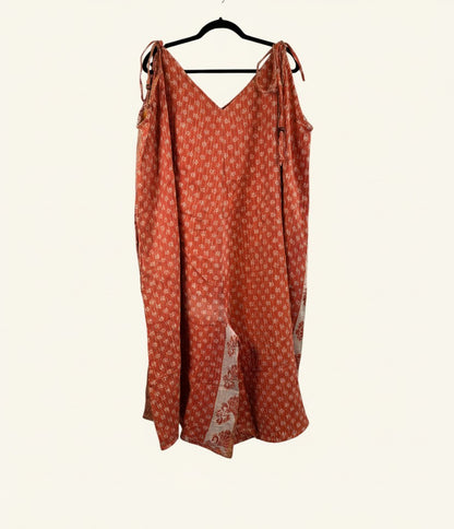 She Lives Beauty Sacred Journey Kantha jumpsuit in orange vintage cotton with adjustable straps and side pockets