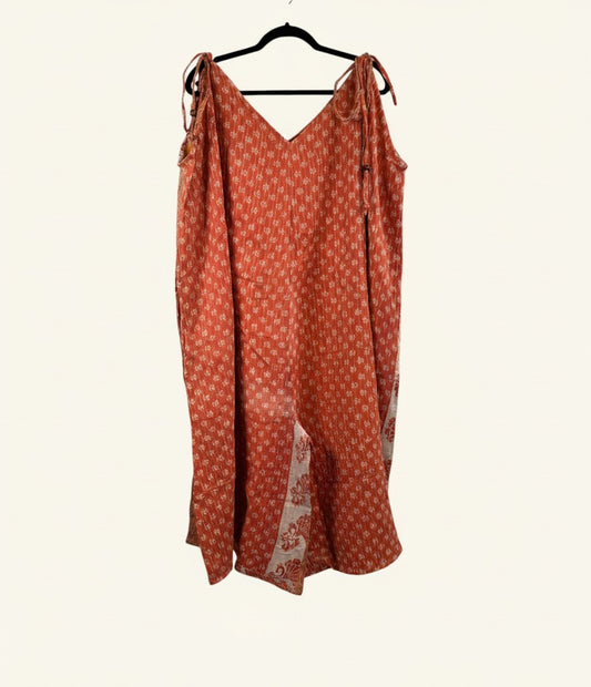 She Lives Beauty Sacred Journey Kantha jumpsuit in orange vintage cotton with adjustable straps and side pockets