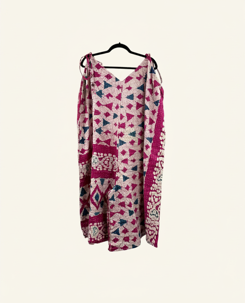 She Lives Beauty Sacred Journey Kantha jumpsuit in pink and white vintage cotton with geometric patterns and pockets.