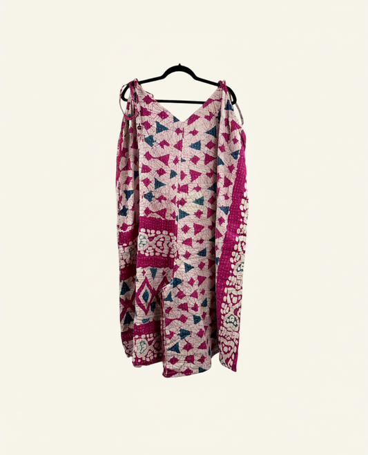 She Lives Beauty Sacred Journey Kantha jumpsuit in pink and white vintage cotton with geometric patterns and pockets.