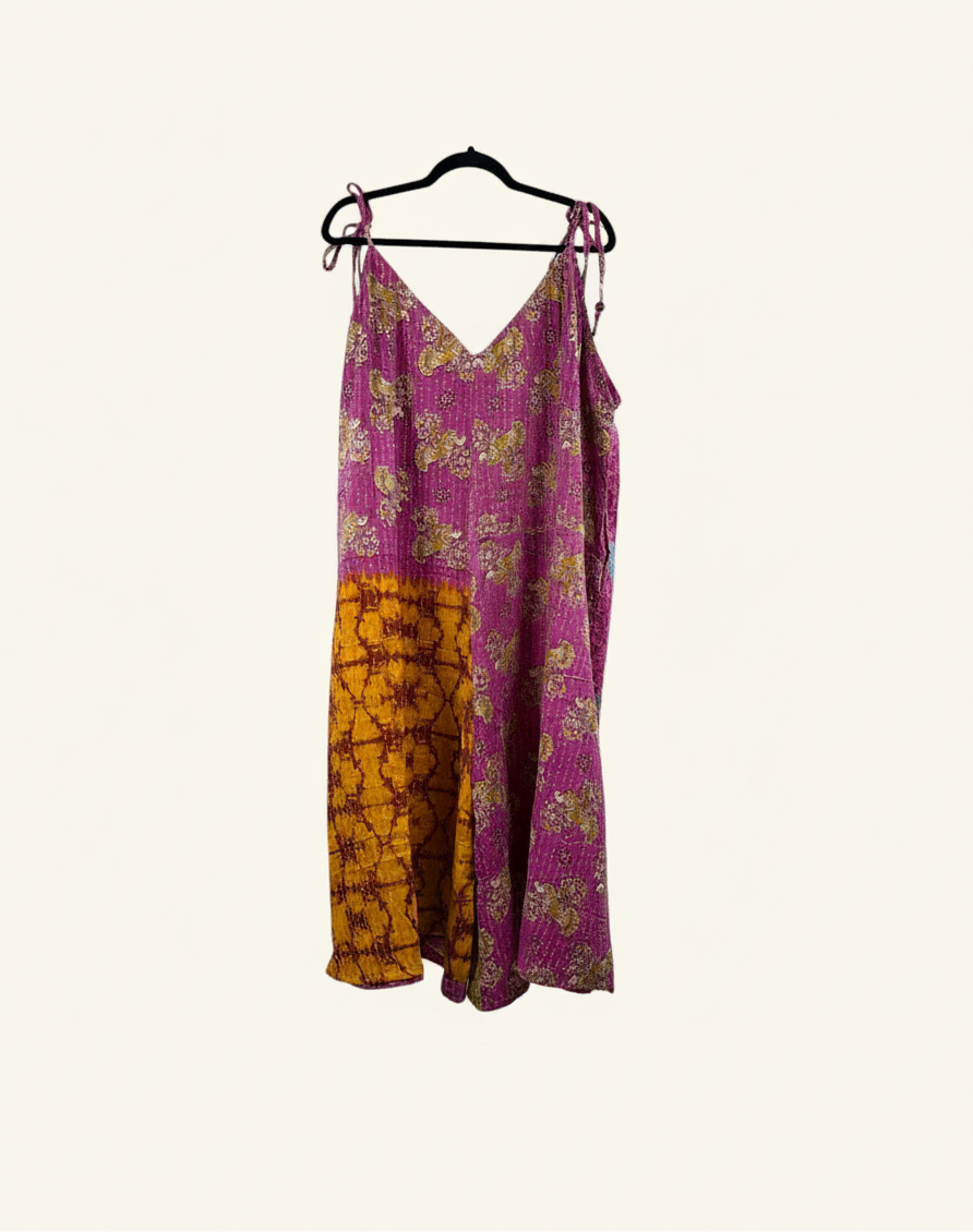 She Lives Beauty Sacred Journey Kantha jumpsuit in pink and mustard vintage cotton with adjustable straps and pockets
