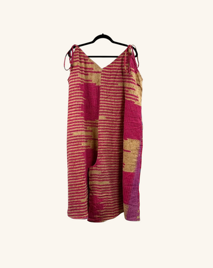 She Lives Beauty Sacred Journey Kantha jumpsuit in pink and tan vintage cotton with adjustable straps and side pockets.
