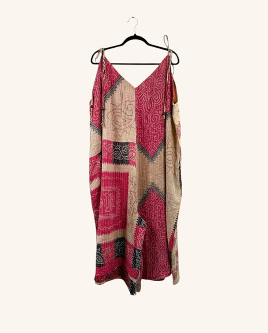 She Lives Beauty Sacred Journey Kantha jumpsuit in pink and beige vintage cotton with adjustable straps and side pockets.