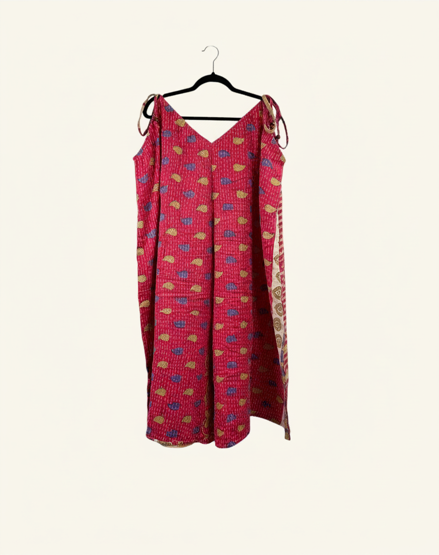 She Lives Beauty Sacred Journey Kantha jumpsuit in pink vintage cotton with colorful patterns and adjustable straps.