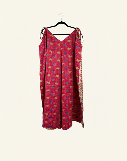She Lives Beauty Sacred Journey Kantha jumpsuit in pink vintage cotton with colorful patterns and adjustable straps.