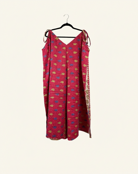 She Lives Beauty Sacred Journey Kantha jumpsuit in pink vintage cotton with colorful patterns and adjustable straps.