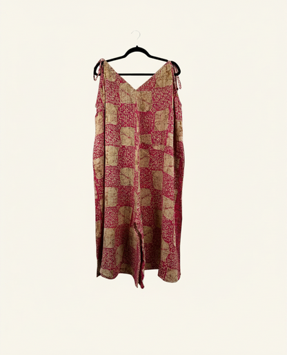 She Lives Beauty Sacred Journey Kantha jumpsuit in red and beige vintage cotton with adjustable straps and side pockets