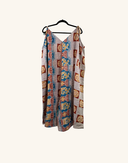 She Lives Beauty Sacred Journey Kantha Jumpsuit in vintage cotton with multicoloured geometric and floral patterns