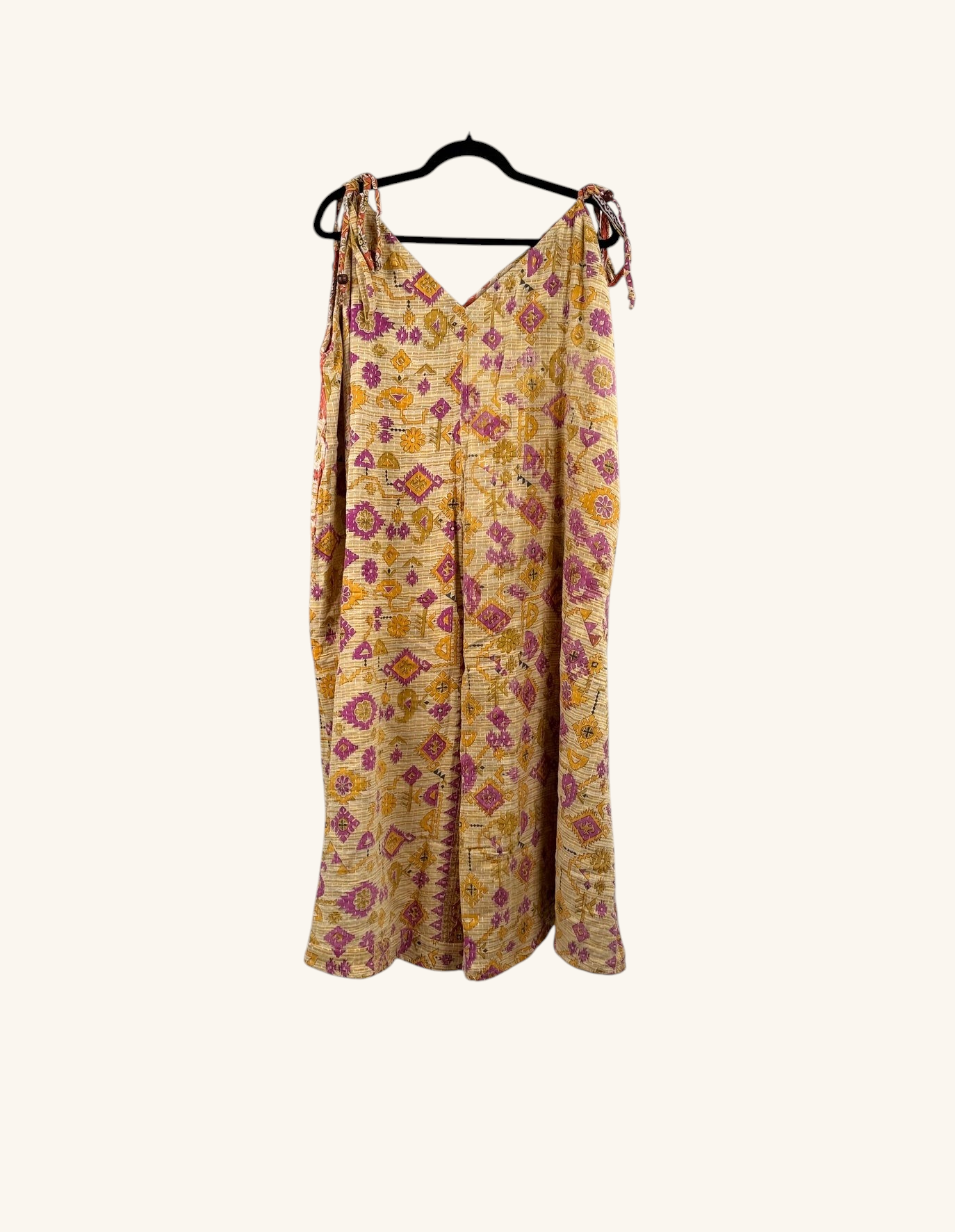 She Lives Beauty Sacred Journey Kantha jumpsuit in vintage cotton with yellow and pink geometric patterns