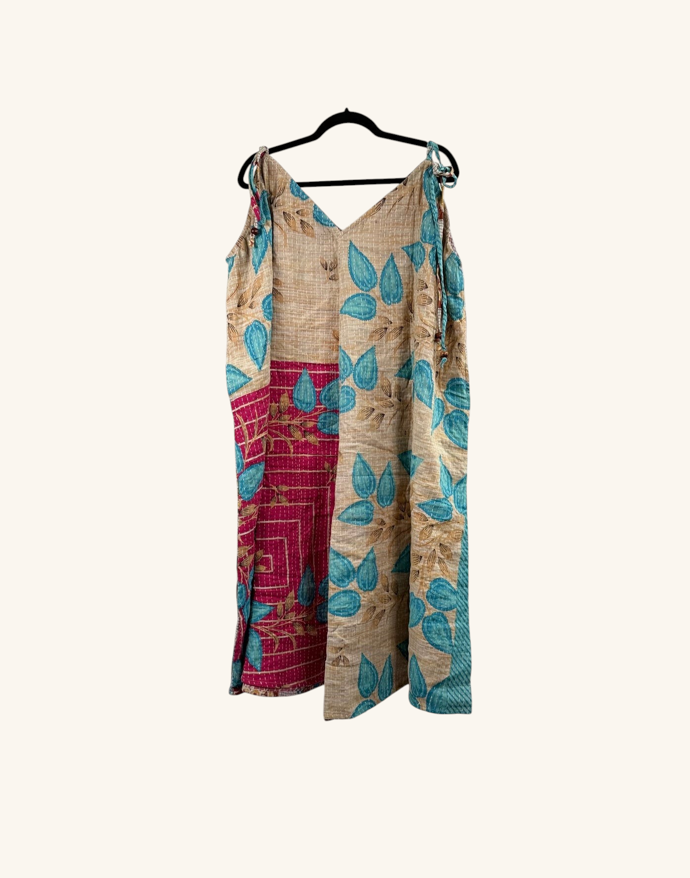 She Lives Beauty Sacred Journey Kantha Jumpsuit in vintage cotton with teal leaf patterns and magenta patchwork