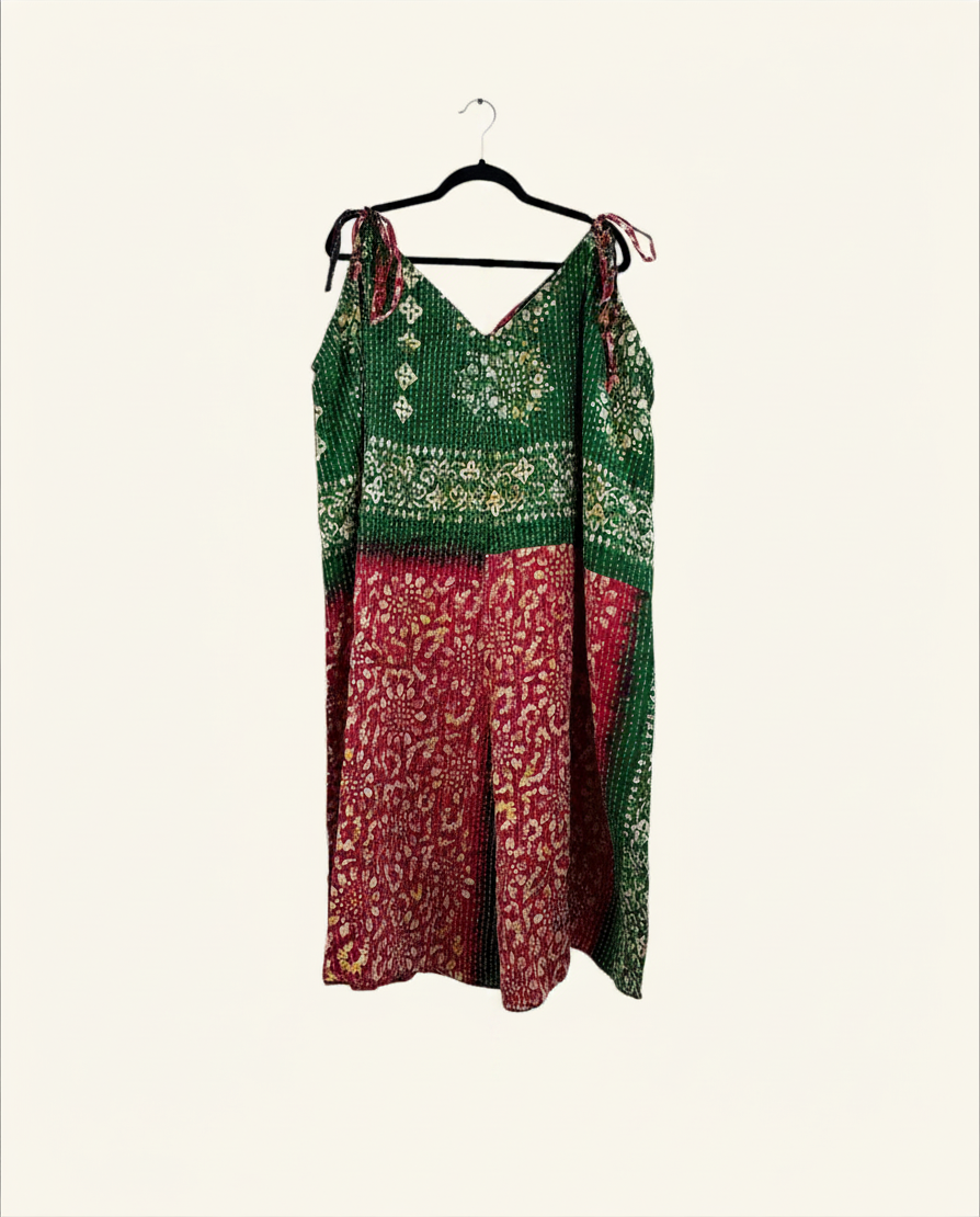 She Lives Beauty Sacred Journey Kantha Jumpsuit in green and red vintage cotton with adjustable tie straps.