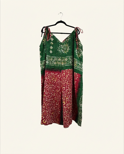 She Lives Beauty Sacred Journey Kantha Jumpsuit in green and red vintage cotton with adjustable tie straps.