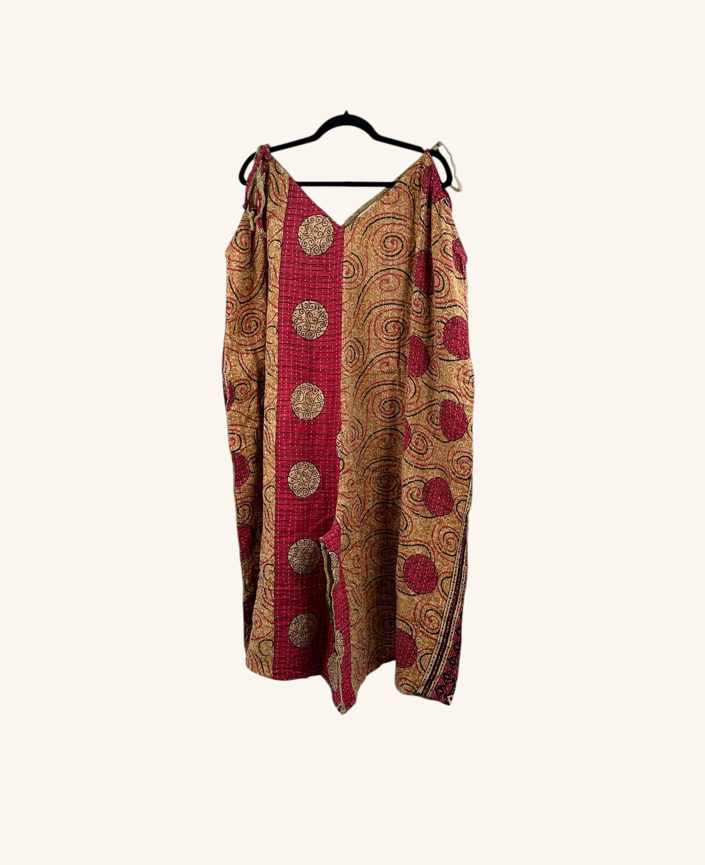 She Lives Beauty Sacred Journey Kantha jumpsuit in vintage cotton with red and gold swirl patterns and side pockets