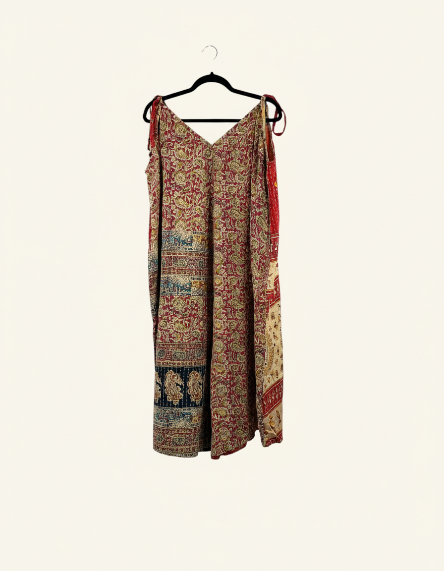 She Lives Beauty Sacred Journey Kantha Jumpsuit in vintage cotton with intricate red and blue paisley patterns.