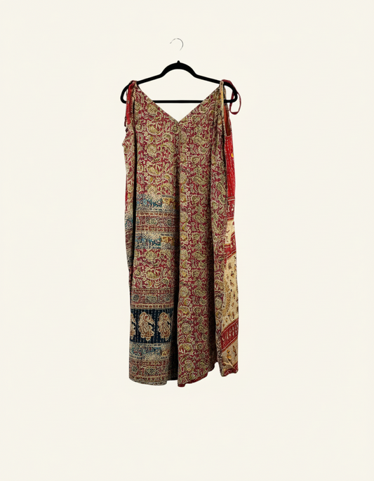 She Lives Beauty Sacred Journey Kantha Jumpsuit in vintage cotton with intricate red and blue paisley patterns.