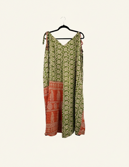 She Lives Beauty Sacred Journey Kantha jumpsuit in green and orange vintage cotton with adjustable tie straps.