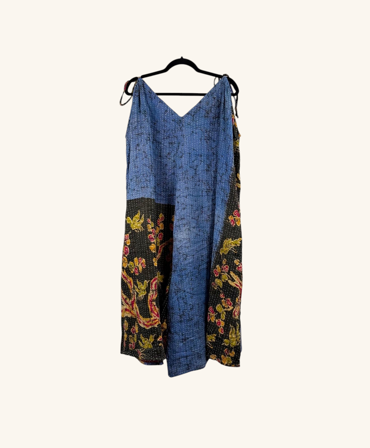 She Lives Beauty Sacred Journey Kantha jumpsuit in blue and black vintage cotton with floral patterns and side pockets