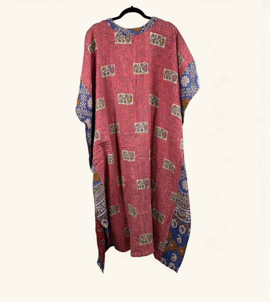 She Lives Beauty Valentina Kantha kaftan dress in pink and blue vintage cotton with hand-stitched patchwork patterns.