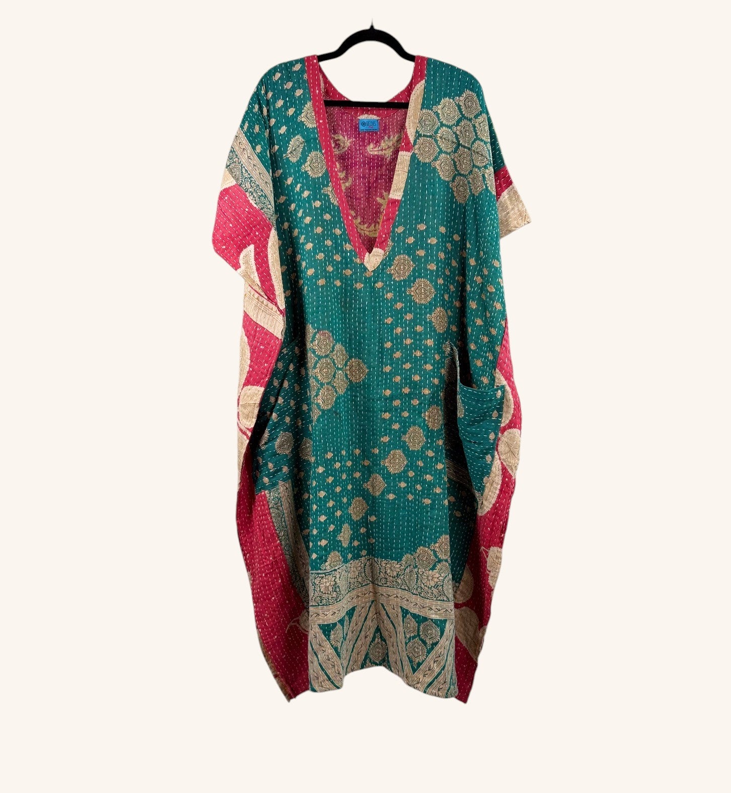 She Lives Beauty Valentina Kantha kaftan dress in teal and red vintage cotton with intricate hand-stitched floral patterns.