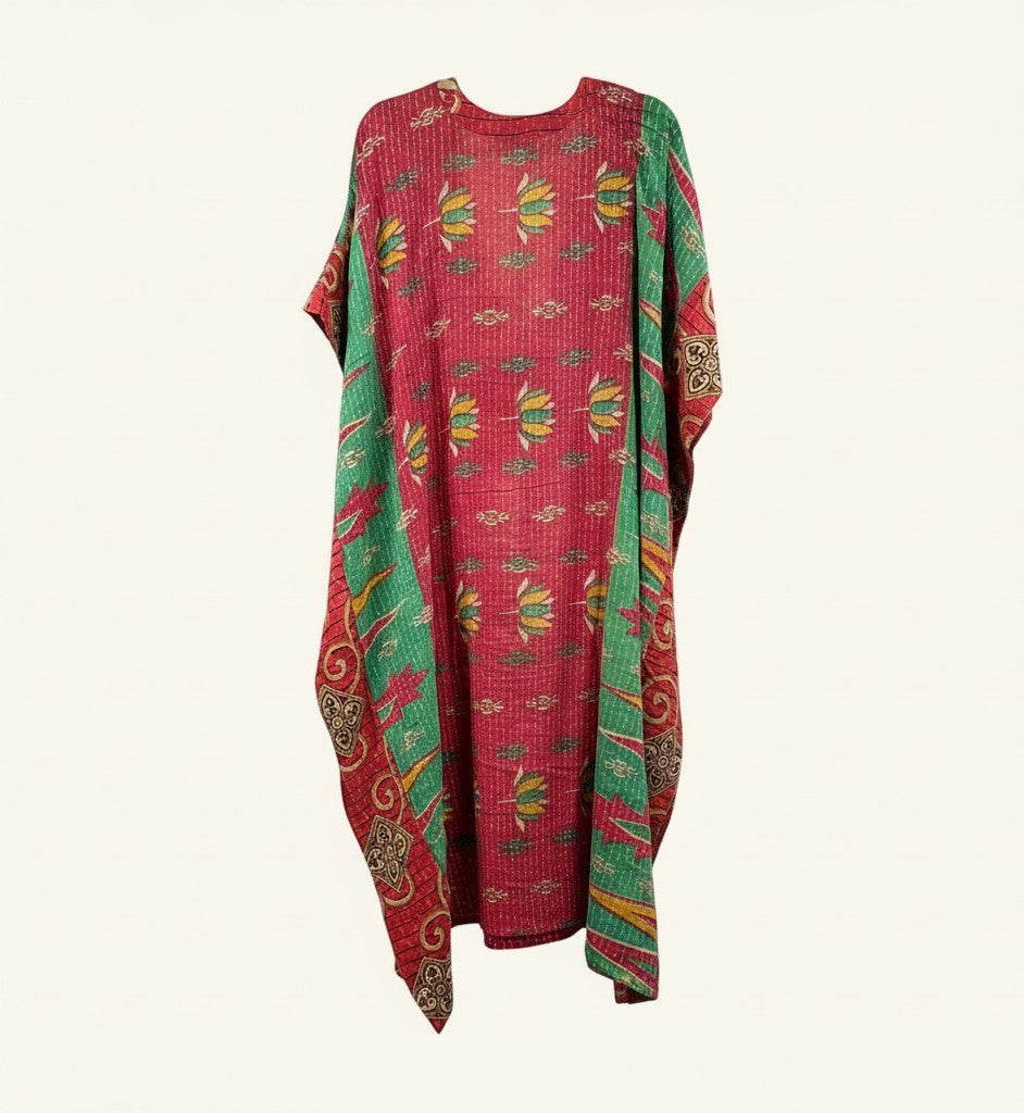 She Lives Beauty Valentina Kantha kaftan dress in red and green vintage cotton with floral patterns and hand stitching.