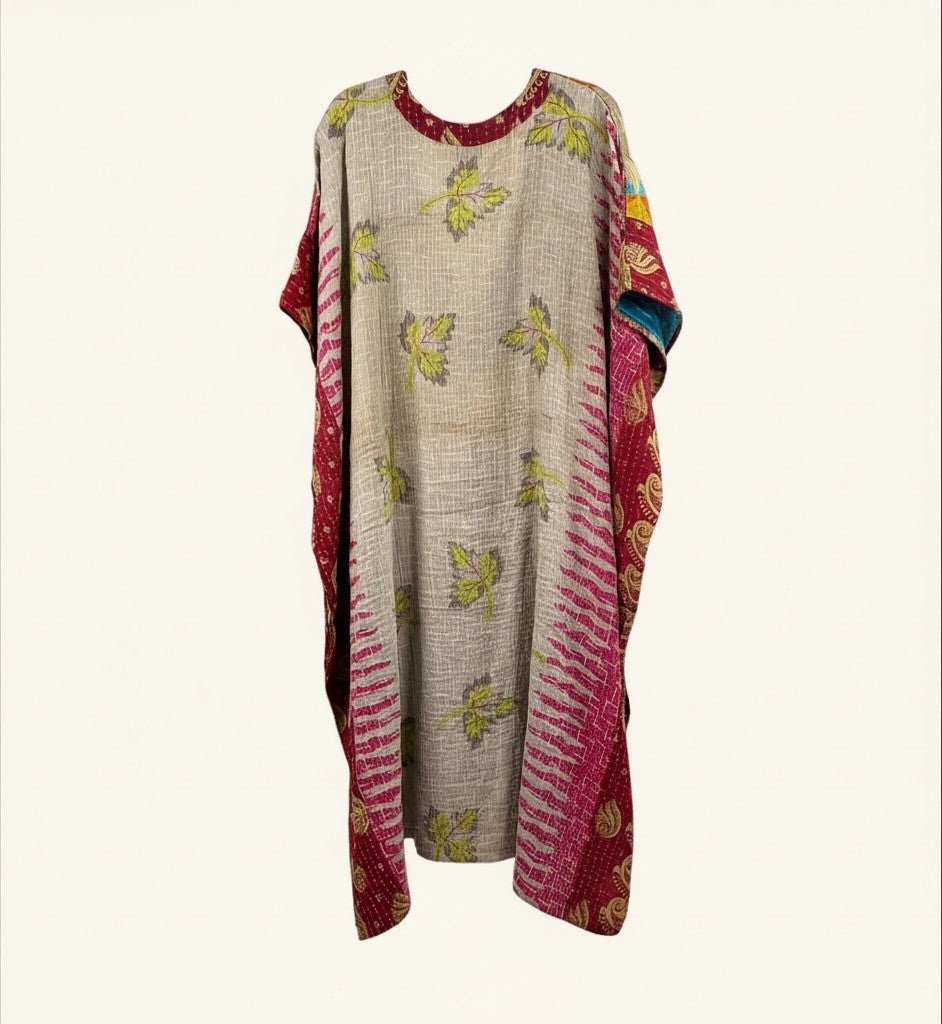 She Lives Beauty Valentina Kantha kaftan dress made from vintage cotton saris with leaf patterns and red trim.