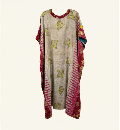 She Lives Beauty Valentina Kantha kaftan dress made from vintage cotton saris with leaf patterns and red trim.