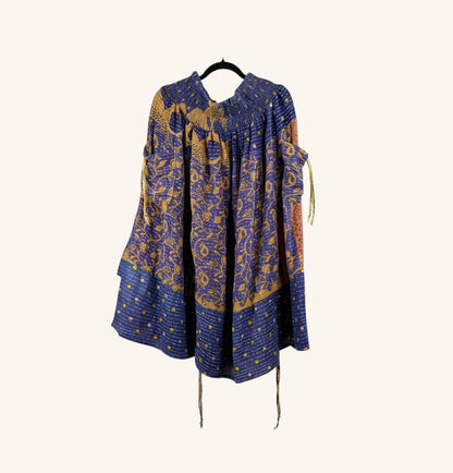 She Lives Beauty Earthbound midi skirt in purple and gold vintage kantha cotton with adjustable front leg cinches