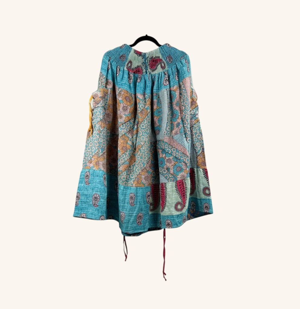 She Lives Beauty Earthbound midi skirt made from vintage kantha cotton with blue paisley and floral patchwork patterns.