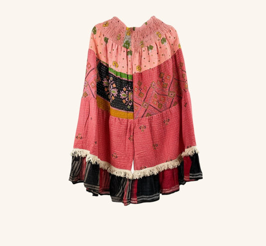 She Lives Beauty Tribal Soul Kantha bloomers in pink vintage cotton with patchwork patterns and artisan fringe hem.