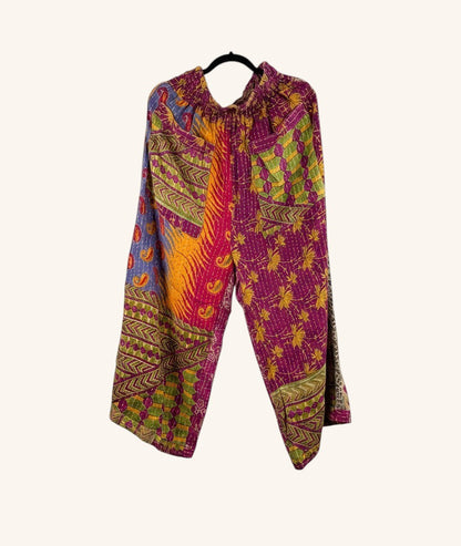 She Lives Beauty wide leg pants in vibrant patchwork vintage kantha cotton with hand-stitched details and elastic waist