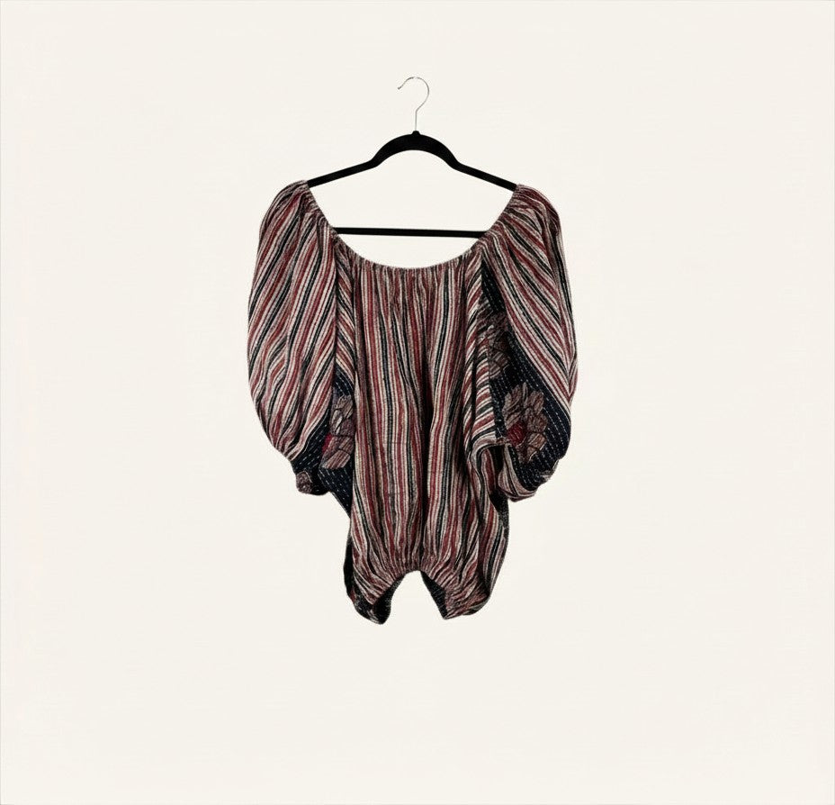 She Lives Beauty Wildflower Bloom Kantha top in vintage striped cotton with feminine bubble sleeves on a hanger