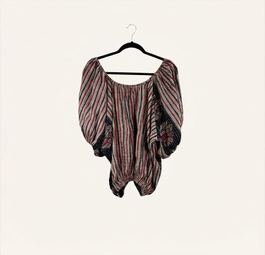 She Lives Beauty Wildflower Bloom Kantha top in vintage striped cotton with feminine bubble sleeves on a hanger