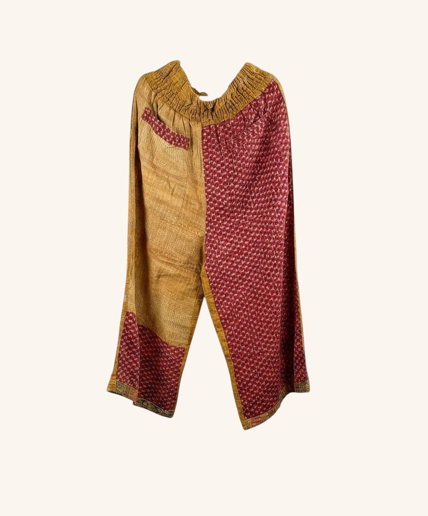 She Lives Beauty Everyday Amaya wide-leg pants made from vintage kantha cotton saris in mustard yellow and red.