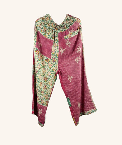 She Lives Beauty wide leg pants made from vintage kantha stitched cotton saris with a pink and floral patchwork design