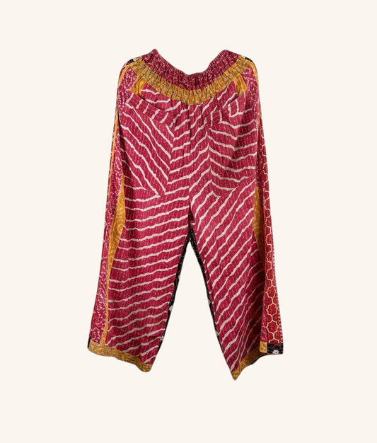 She Lives Beauty wide leg pants in pink and yellow vintage kantha cotton with hand-stitched striped patterns.