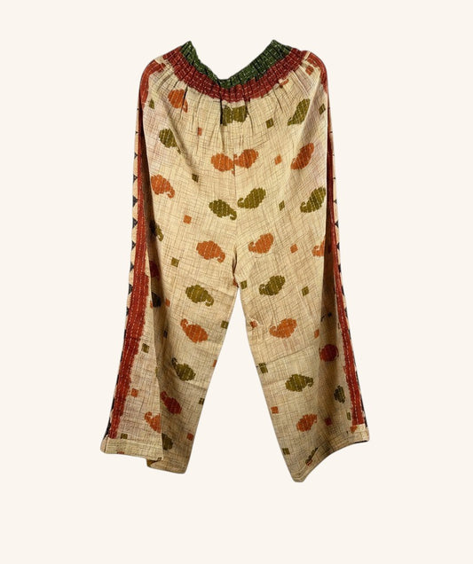 She Lives Beauty wide leg pants in cream vintage cotton with orange and green kantha stitch paisley patterns