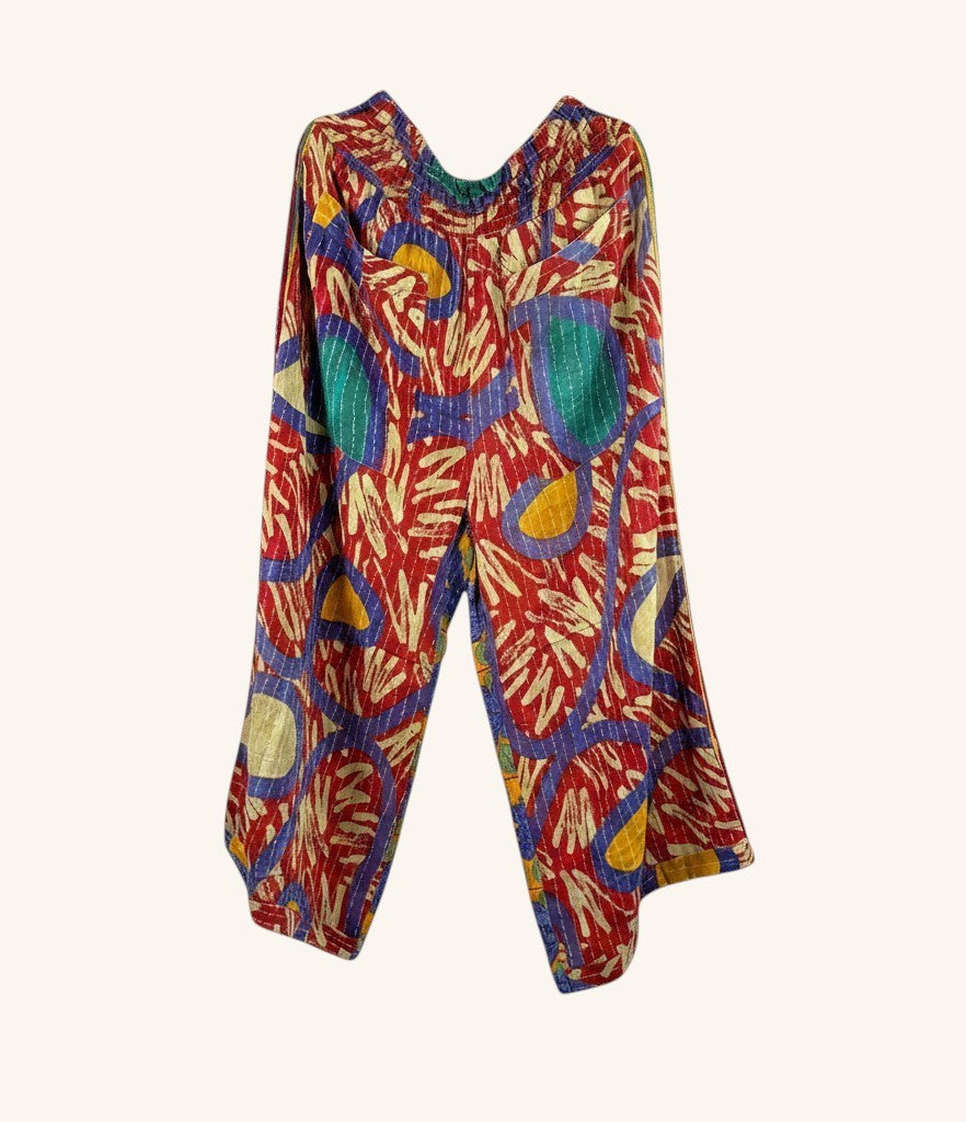 She Lives Beauty wide leg pants in red vintage kantha cotton with colorful abstract patchwork and hand-stitched detail