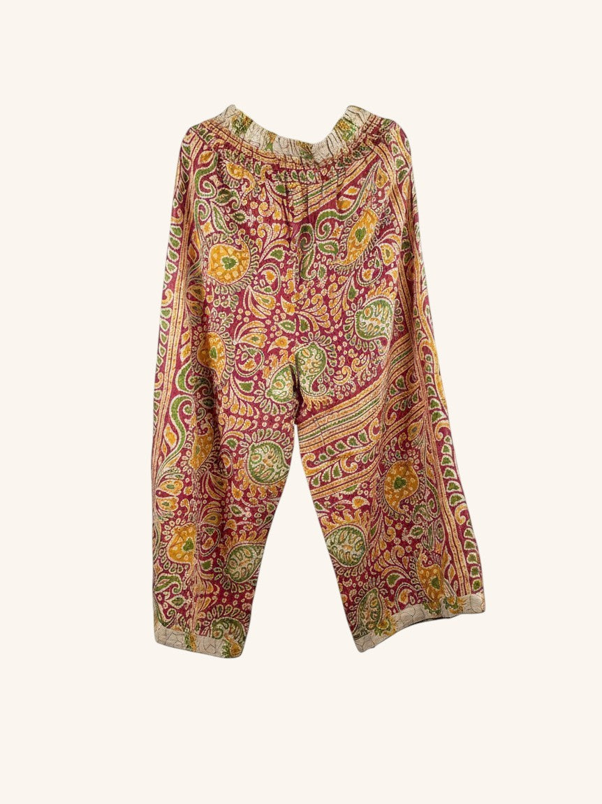 She Lives Beauty wide leg pants in vintage cotton with red and yellow paisley kantha stitching and elastic waistband.
