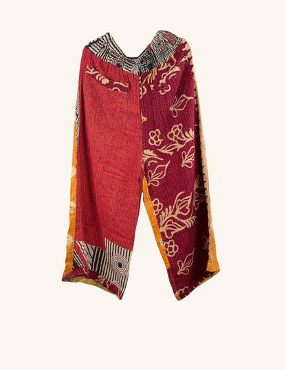She Lives Beauty wide leg pants in red and yellow vintage kantha cotton with patchwork floral patterns