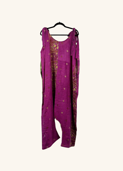 She Lives Beauty Becoming Wild Harem Kantha Jumpsuit in magenta vintage cotton with intricate stitched patterns