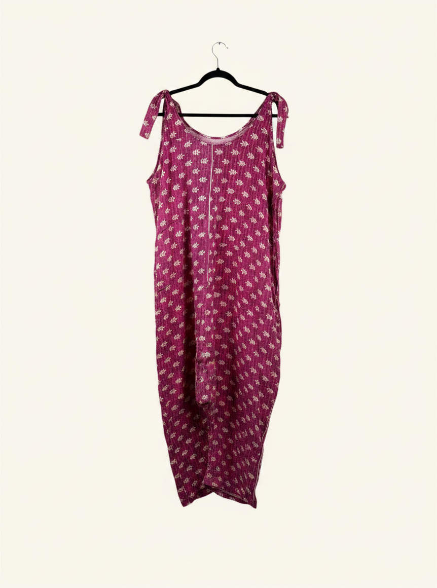She Lives Beauty Becoming Wild Harem Kantha Jumpsuit in magenta vintage cotton with white floral pattern