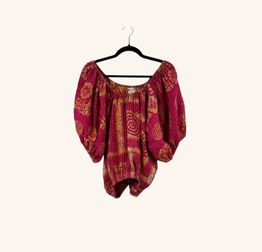 She Lives Beauty Wildflower Bloom Kantha top in magenta and gold vintage cotton with bubble sleeves and bohemian print.