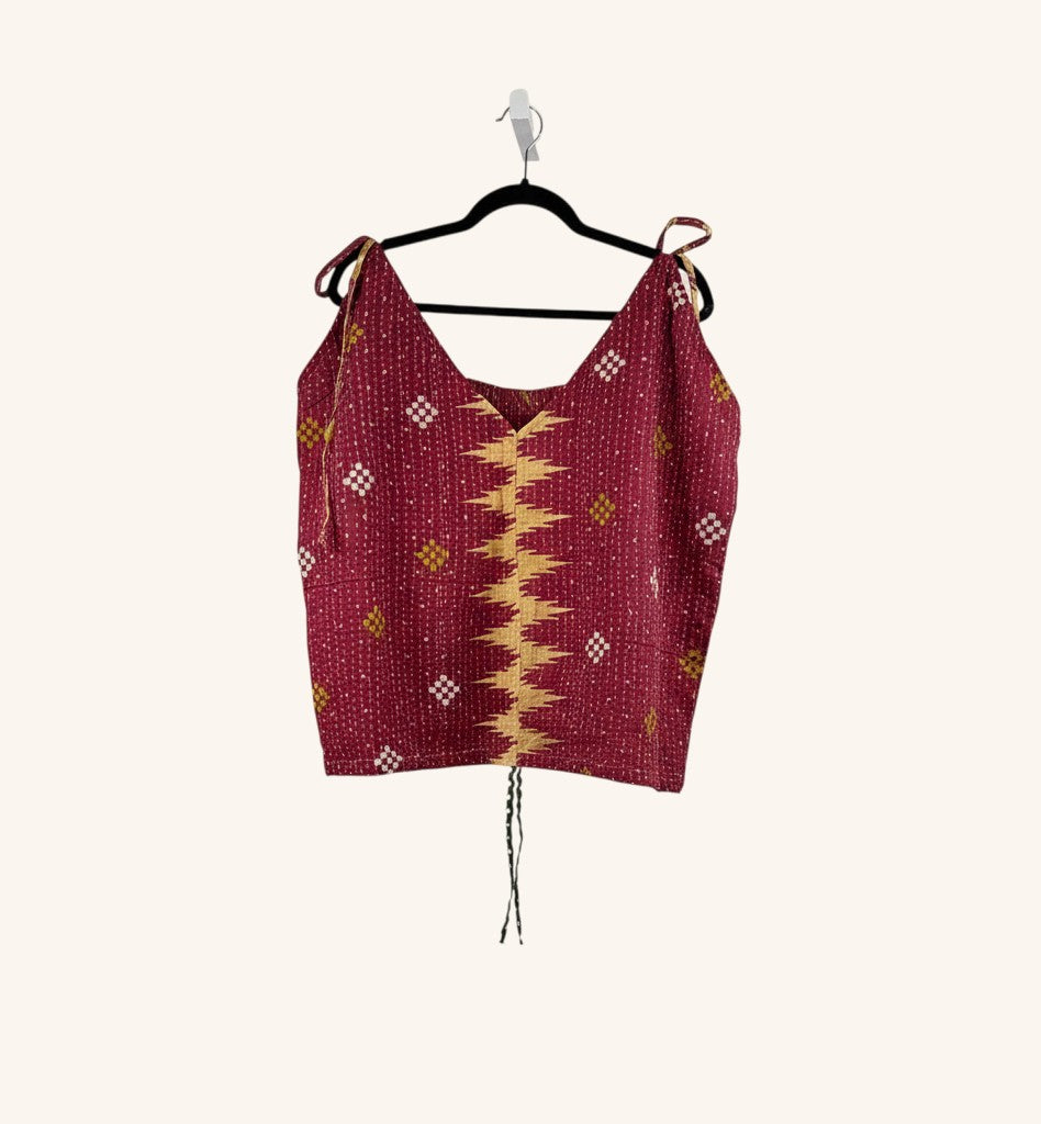 She Lives Beauty Monarch Kantha tank top in maroon vintage cotton with adjustable straps and cinched front detail.