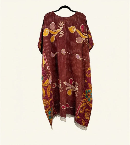 She Lives Beauty reversible Kantha top in maroon vintage cotton with bohemian floral patterns and fringe hem detail.