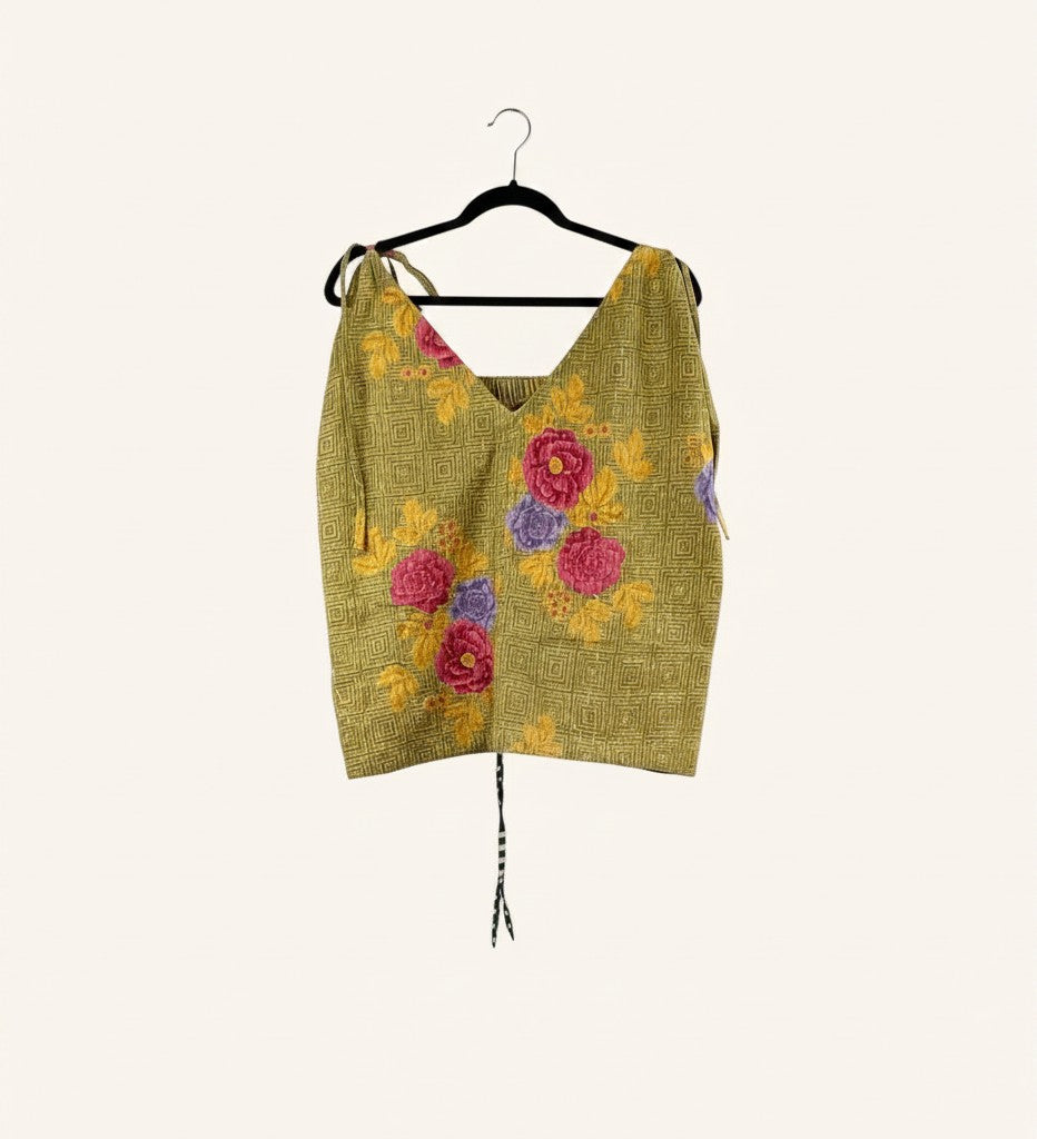 She Lives Beauty Monarch Cinch Kantha tank top in olive green vintage cotton with floral embroidery and tie front